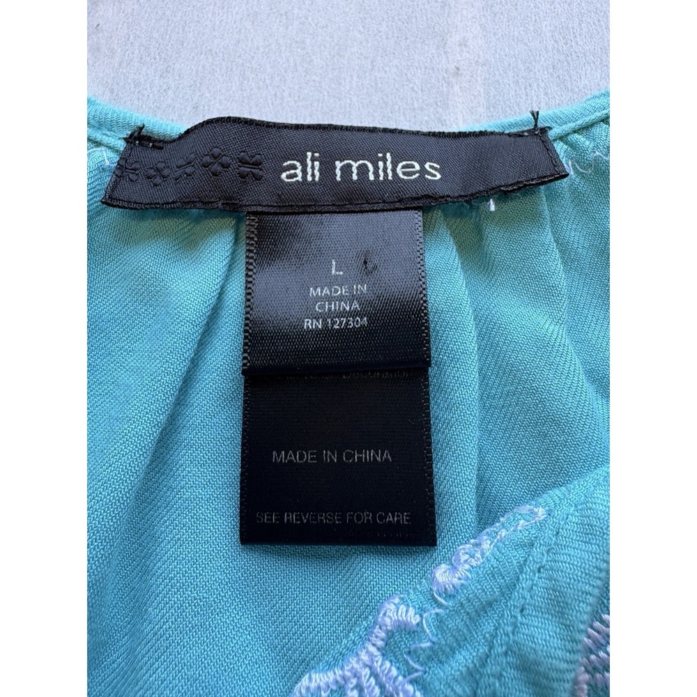 Ali‎ Miles Top Womens Large Blue Embroidered 3/4 Sleeve Tunic Peasant Tasseled - Picture 4 of 8